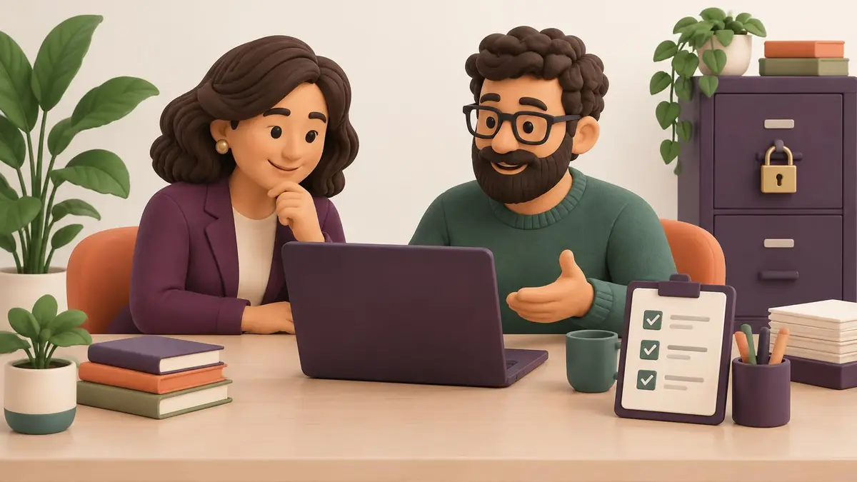 Illustrated business owner and developer reviewing an app before launch