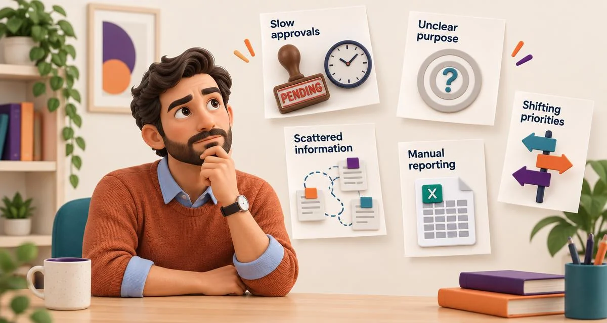 Illustrated business leader thinking through five problems: slow approvals, unclear purpose, scattered information, manual reporting and shifting priorities