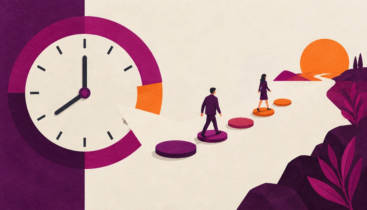 Illustrated clock and stepping-stone path with a businesswoman two steps ahead of a man, representing spare capacity put to work