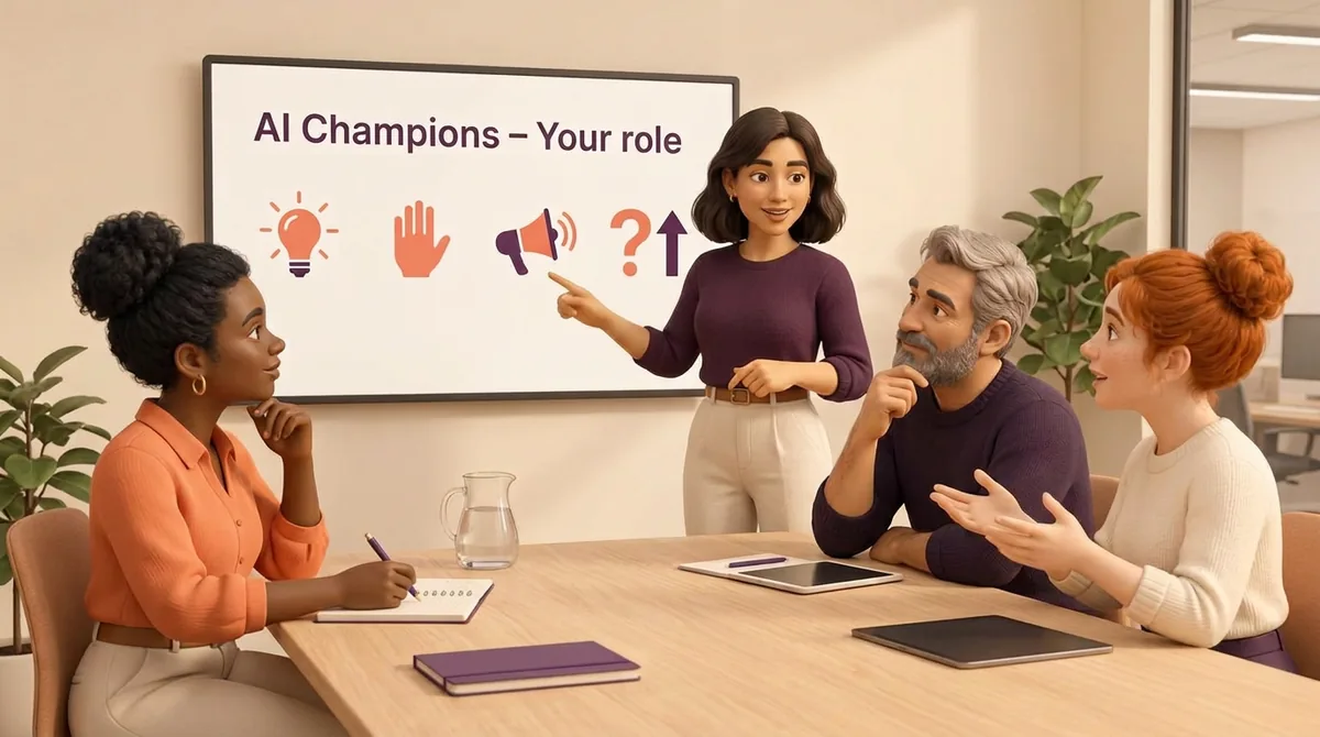 Four colleagues discussing the AI Champions role with a presentation on the wall