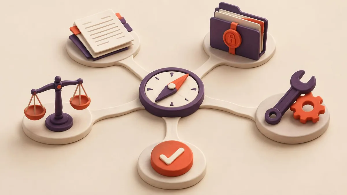 AI governance decisions mapped as connected pathways in a warm, sculpted illustration