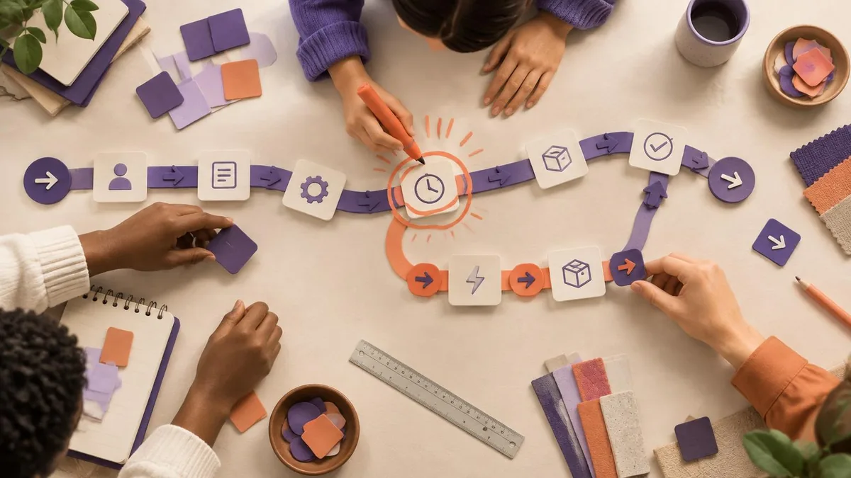 Collaborative working group mapping a business process in a sculpted 3D illustration