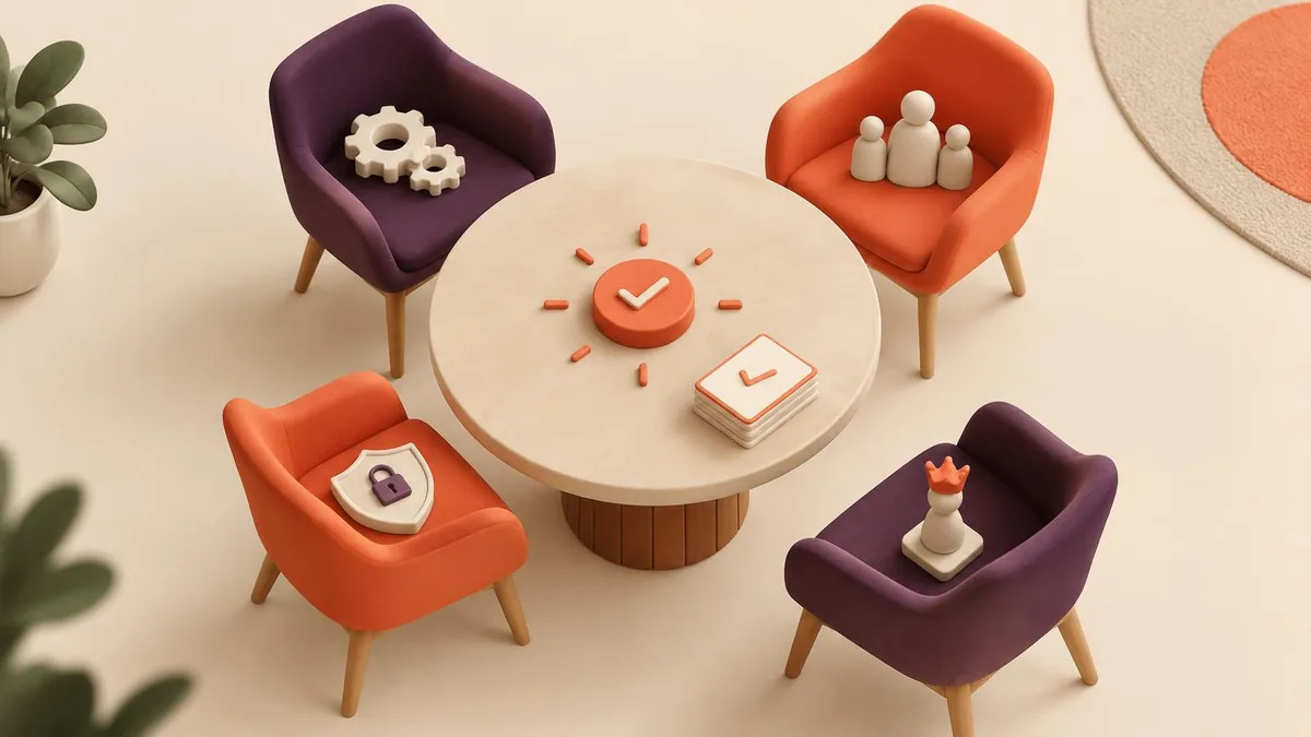 Symbolic figures collaborating around a governance decision table