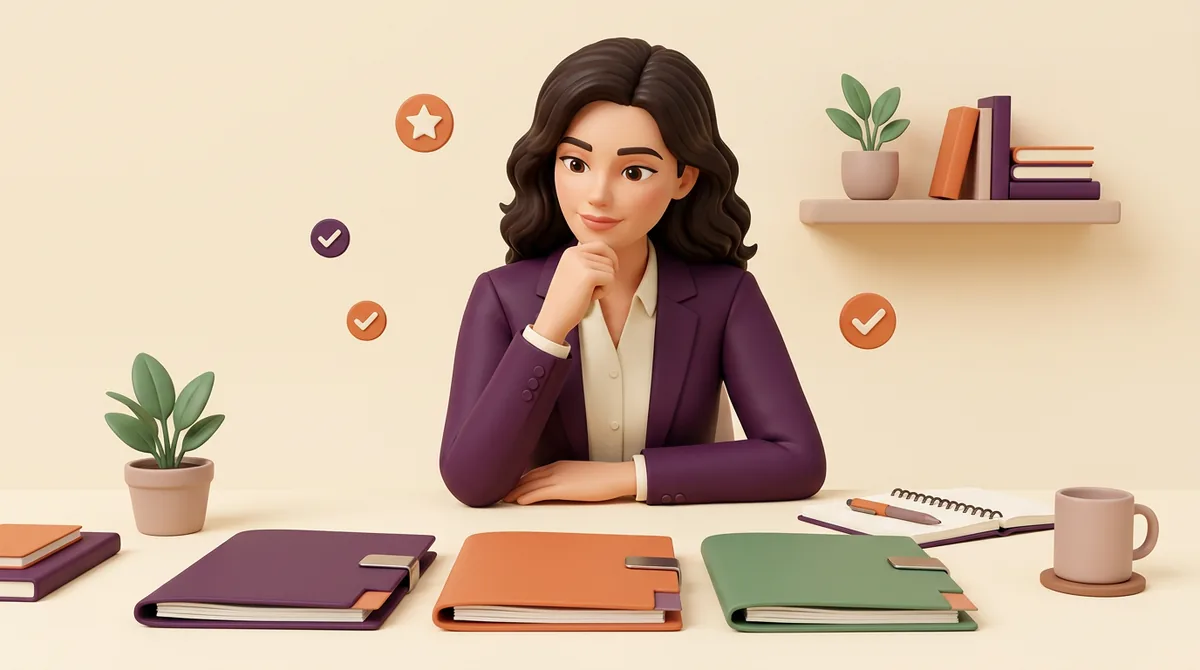 Illustrated business owner weighing three folders representing different types of marketing support