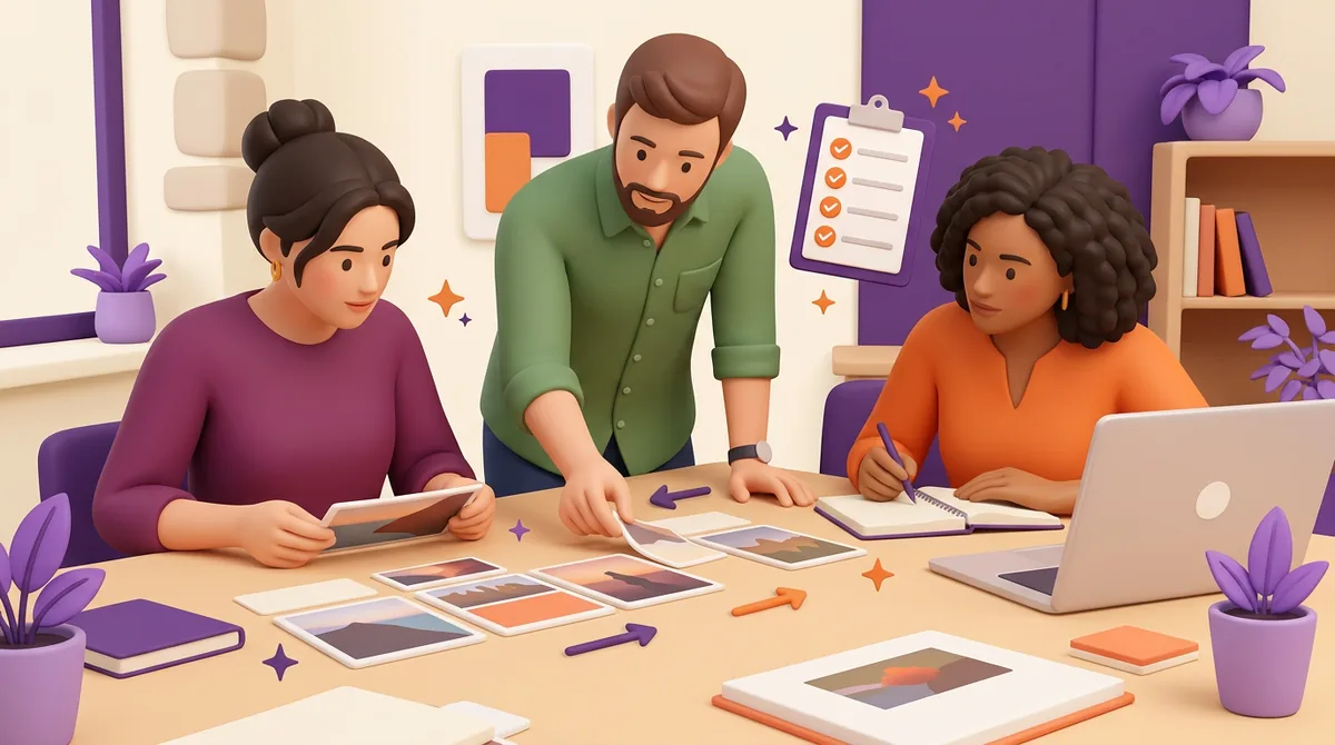 Illustrated small team organising campaign materials together before using a computer