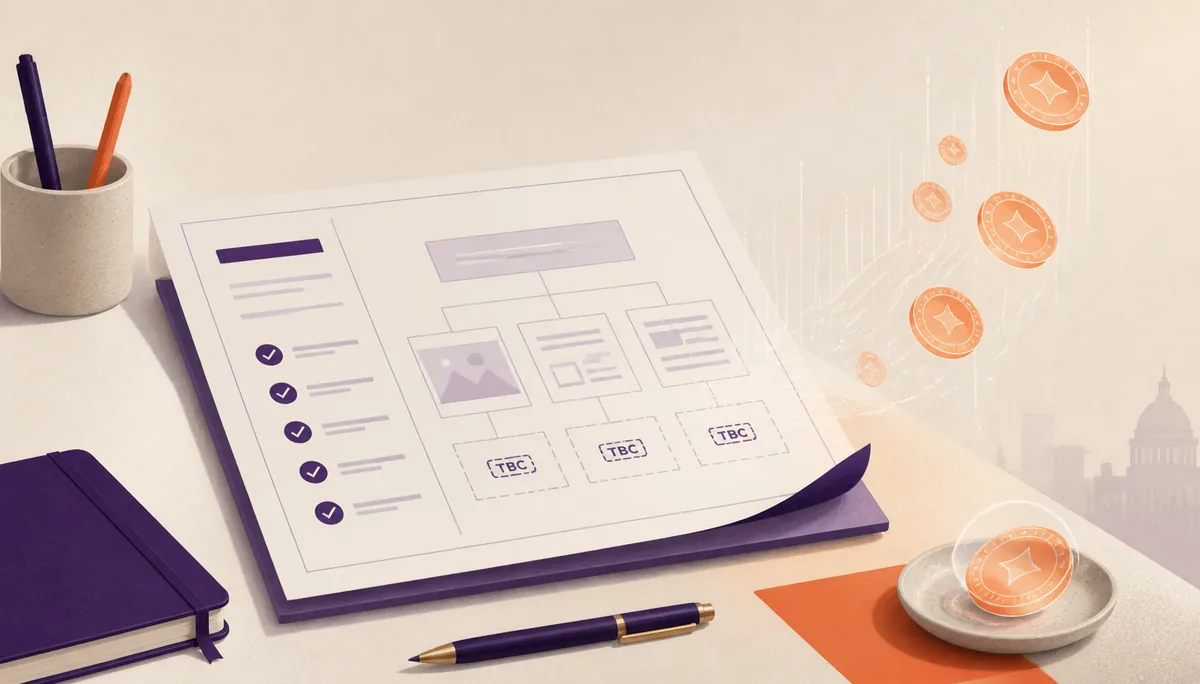 Editorial illustration of a product requirements document on a desk with AI tokens drifting away, symbolising the cost of unclear specifications when building with AI.