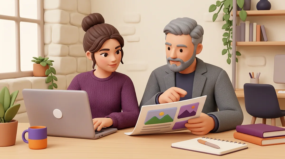 Illustrated colleagues reviewing a marketing brief and a computer together