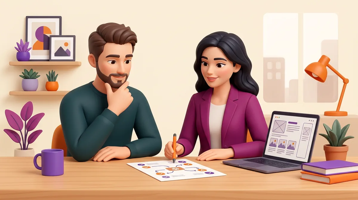Illustrated owner and designer agreeing the website message on paper beside a laptop