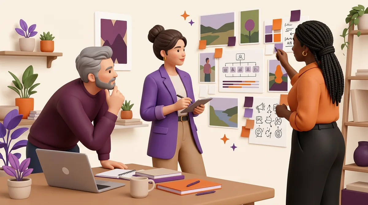 Illustrated small team planning roles and priorities at a wall of campaign materials