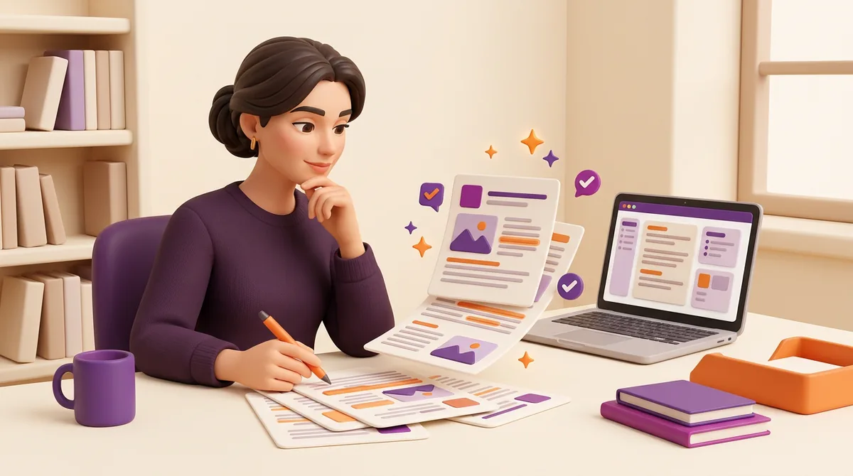 Illustrated marketing colleague reviewing drafts and interview notes alongside a computer
