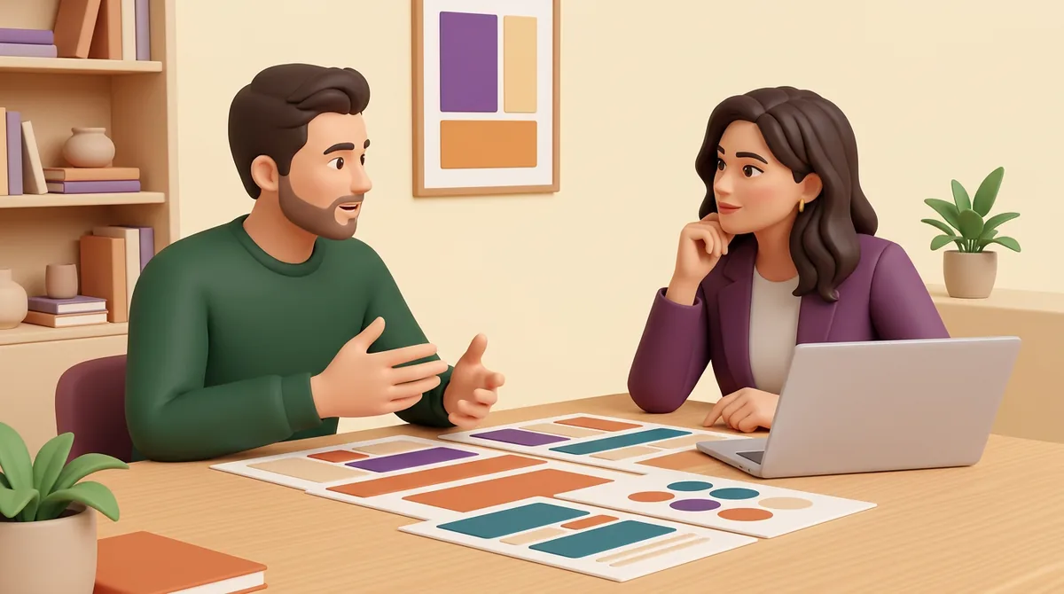 An illustrated business owner and agency partner reviewing marketing materials together