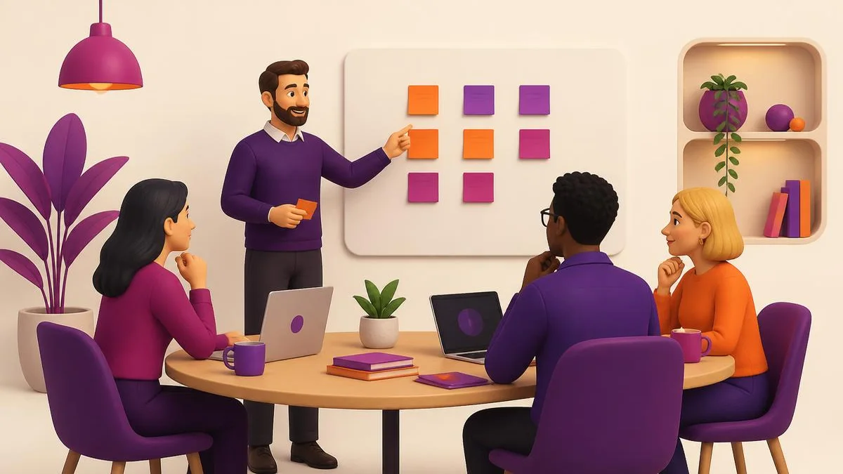 Manager leading a small team around a board of sticky notes, brand-coloured illustration