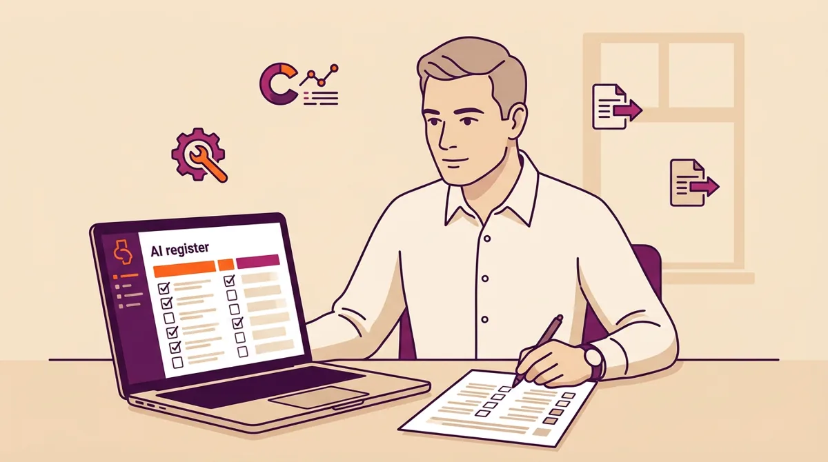 Flat-vector illustration of a UK business owner reviewing an AI register checklist on a laptop, in brand colours