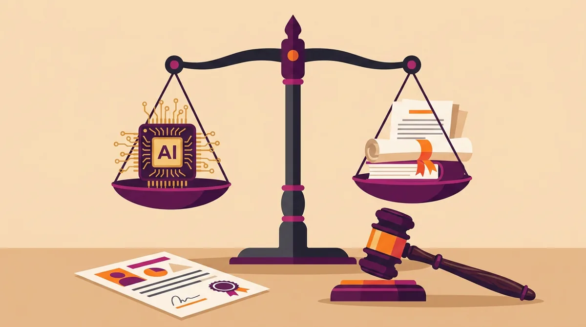 Flat-vector illustration of scales of justice balancing an AI chip against legal documents with a gavel, in brand colours