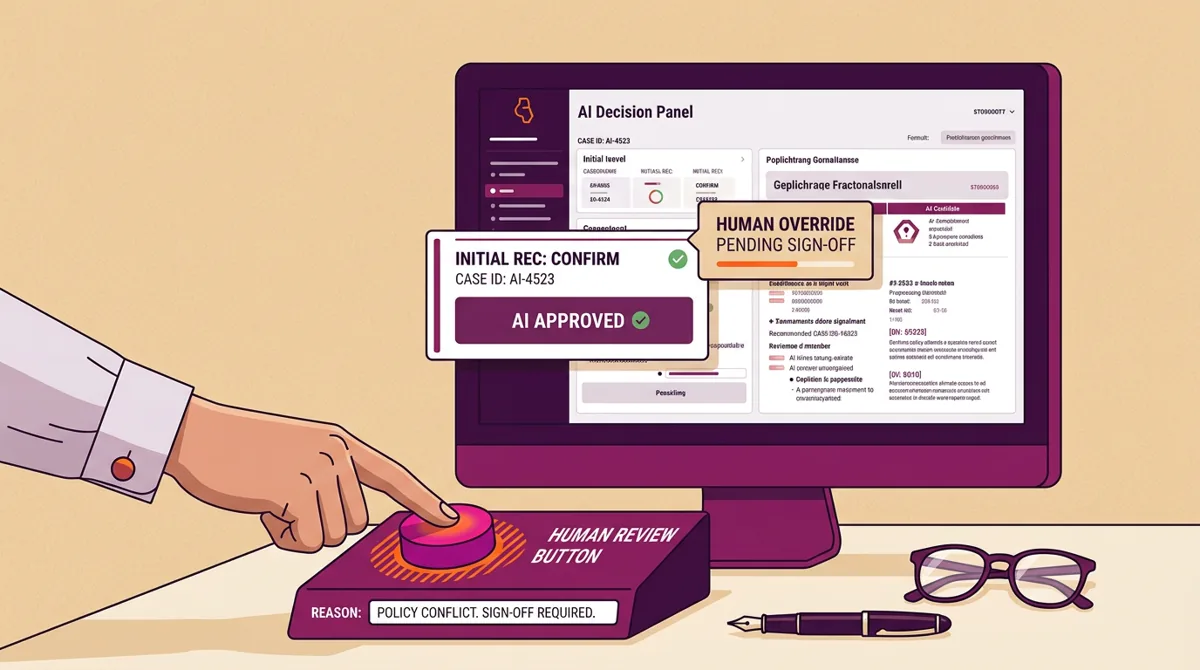 Flat-vector illustration of a person reviewing and overriding an AI decision on screen, in brand colours