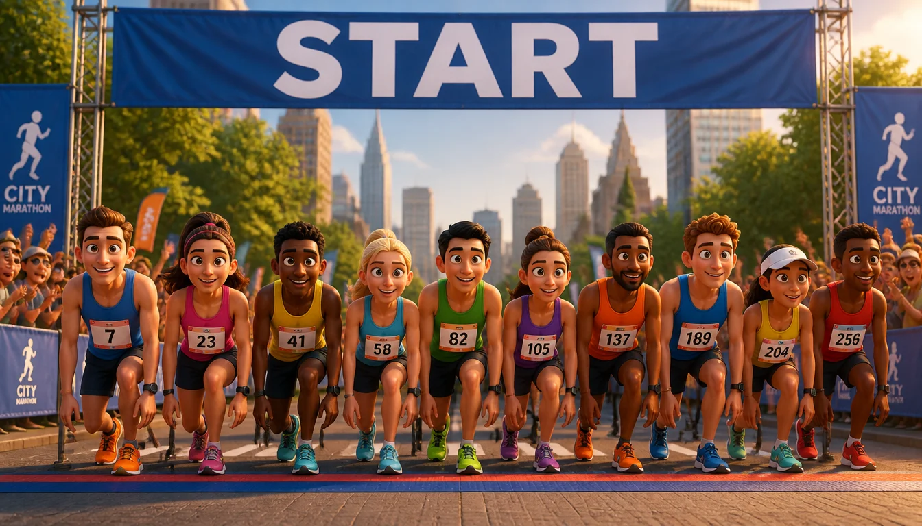 A long, diverse queue of runners in colourful running gear waiting at a marathon start line under a banner marked START, with varied non-sequential race numbers on their vests.