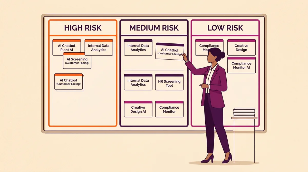 Flat-vector illustration of a businessperson sorting AI tools into high, medium and low risk tiers on a board, in brand colours