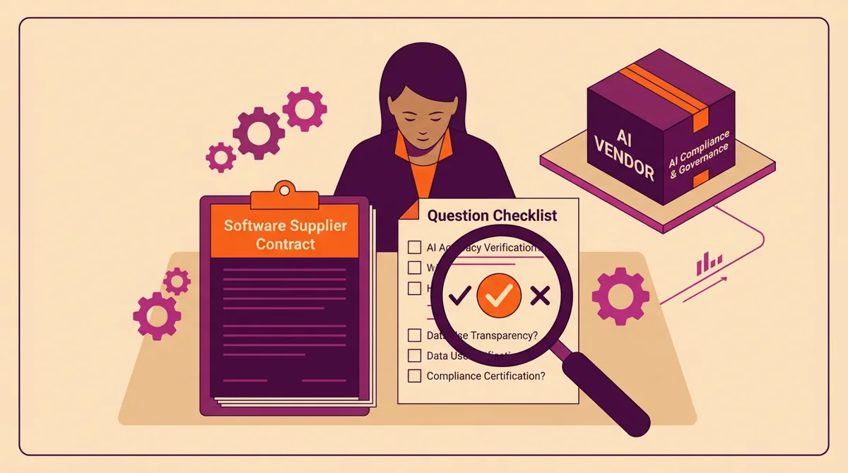Flat-vector illustration of a procurement lead reviewing an AI supplier contract and question checklist, in brand colours