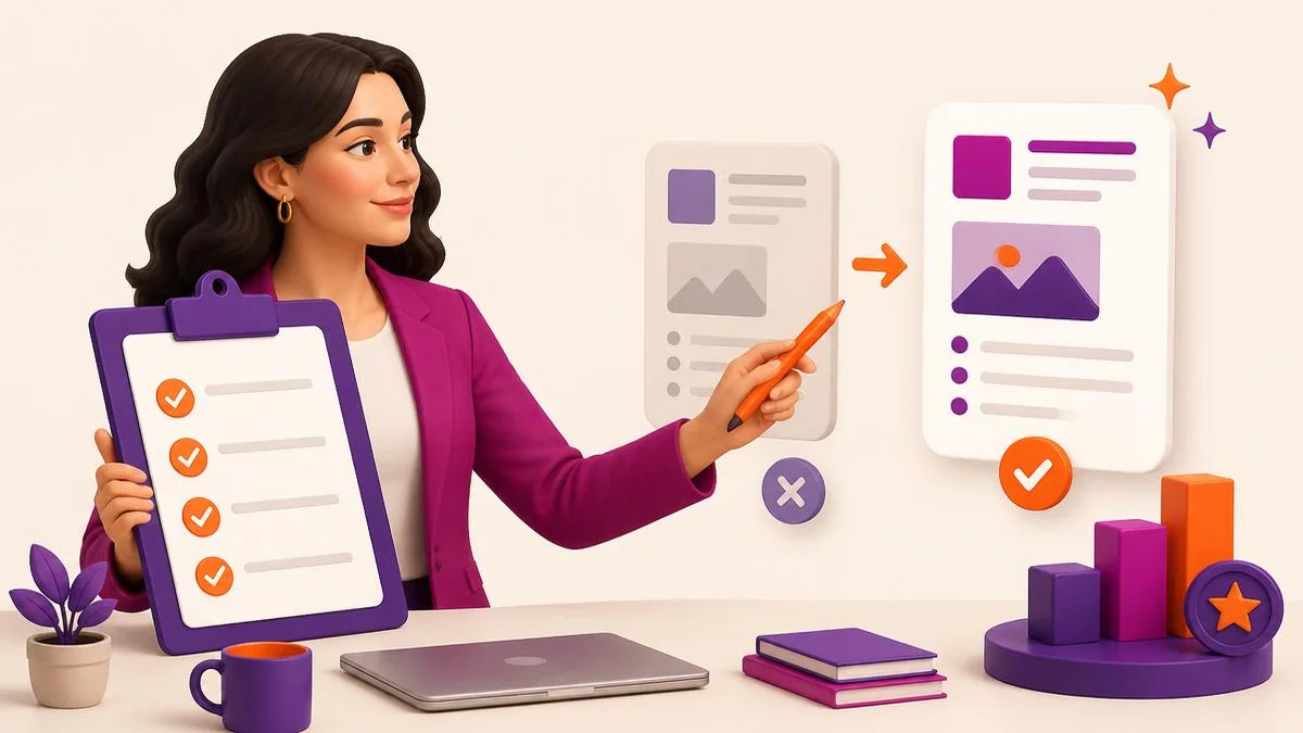 Woman holding a checklist clipboard while marking and improving a document, brand illustration