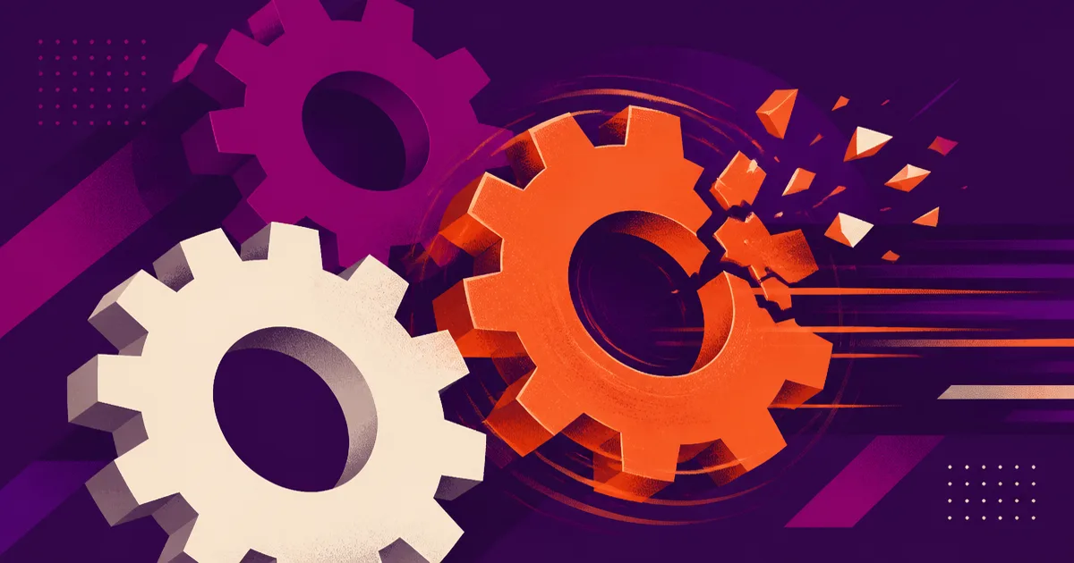 Abstract illustration of fast-spinning gears with one cracked cog, in Smart AI Studio brand colours