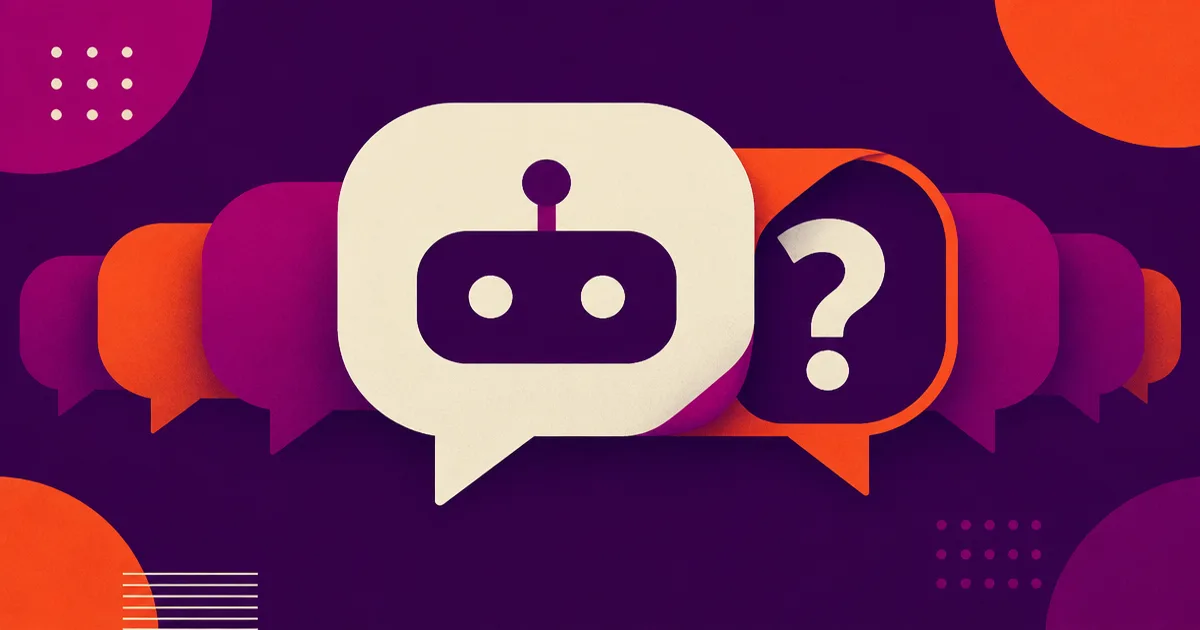 Abstract illustration of a chatbot speech bubble surrounded by question marks, in Smart AI Studio brand colours