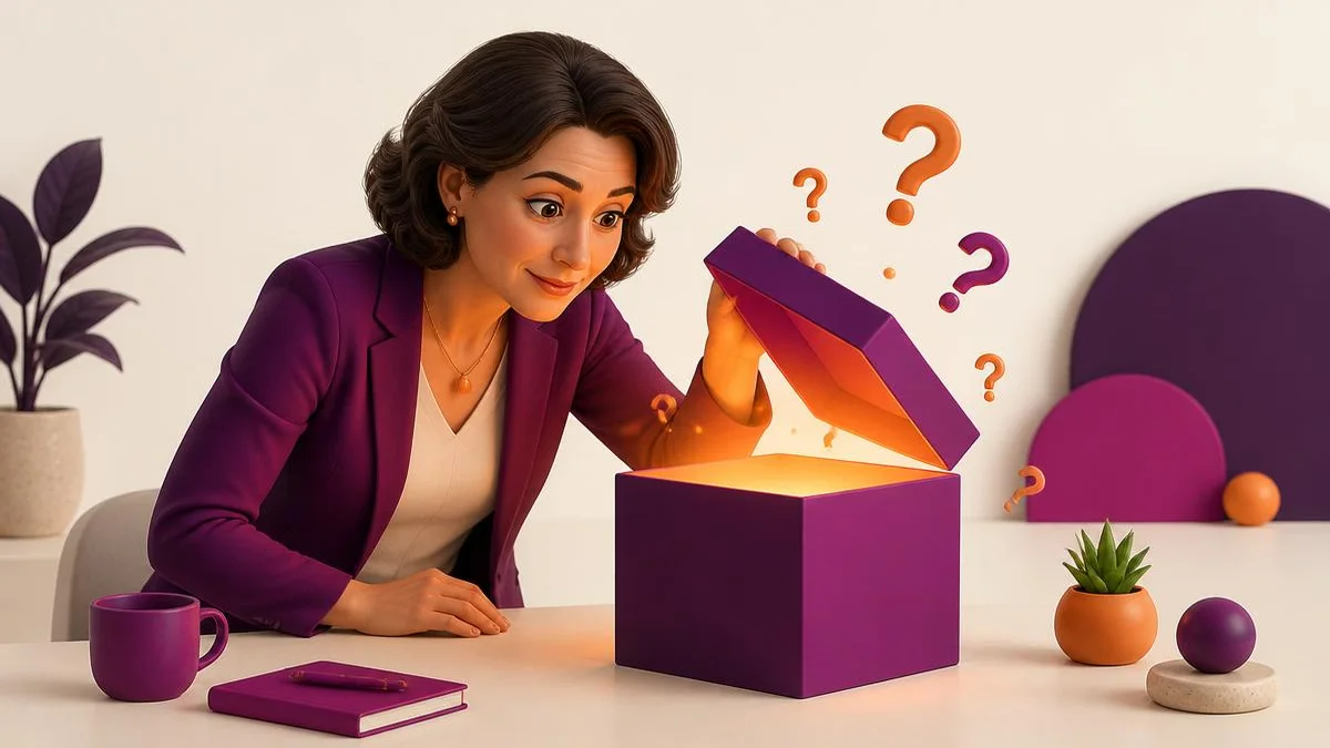 Curious business owner opening a glowing box, illustration in Smart AI Studio brand colours