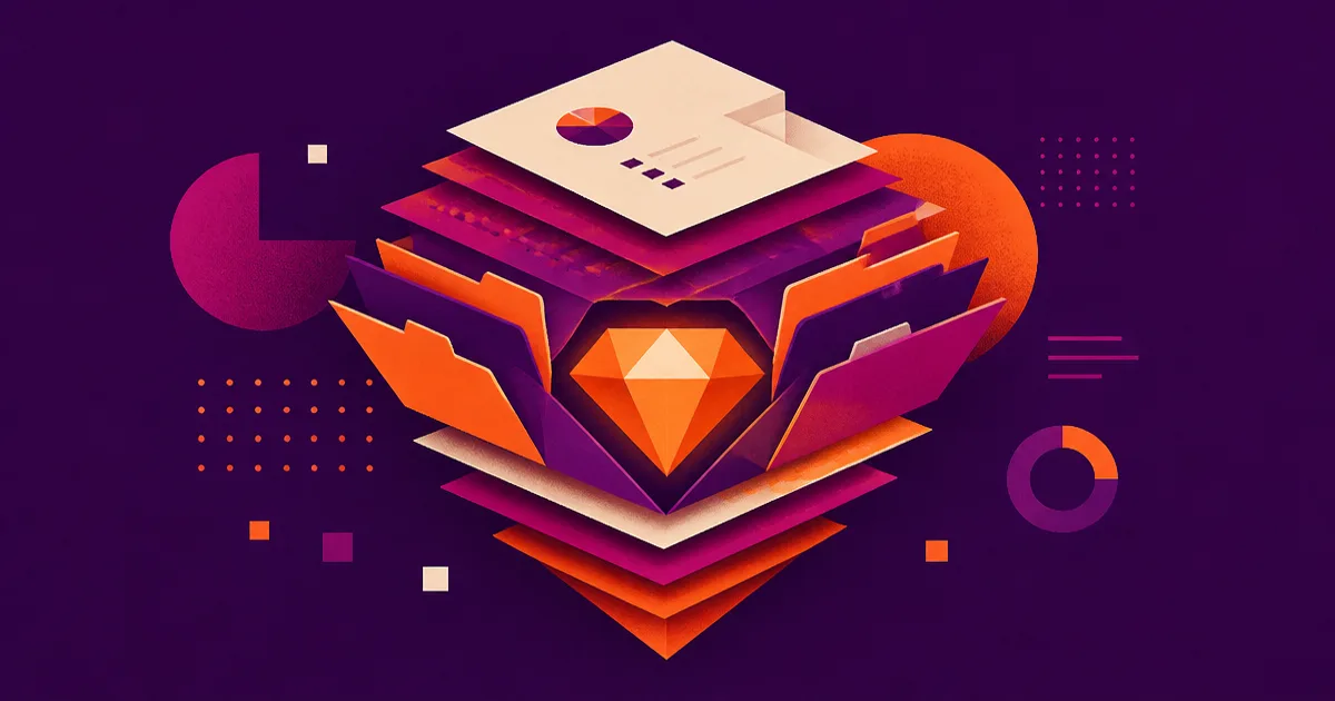 Abstract illustration of layered data files revealing a hidden gem, in Smart AI Studio brand colours
