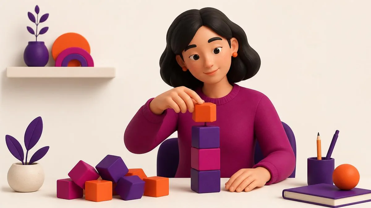 Person rebuilding a tower of blocks beside a toppled one, illustration in brand colours