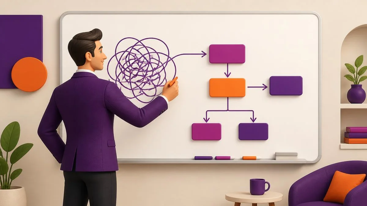 Business leader turning a tangled scribble into a clear flow diagram on a whiteboard