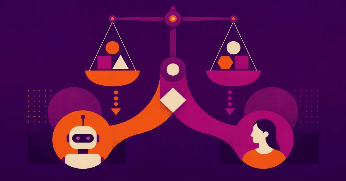 Abstract illustration of tasks being sorted between a robot and a person on a balance, in Smart AI Studio brand colours