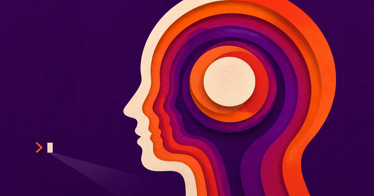 Abstract illustration of a layered human head profile beside a tiny command prompt, in Smart AI Studio brand colours