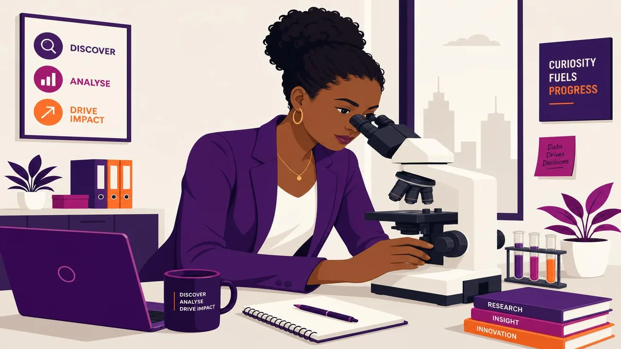 Flat-vector illustration of a Black woman in a modern office examining a microscope, representing diagnosing the real business problem before adopting AI