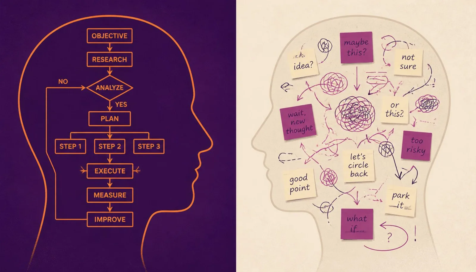 Two colleagues in conversation, each shown with a different process map inside their head — one in a clean structured flow, the other in a loose hand-drawn style — illustrating how process documentation pulls knowledge out of one person's mind and makes it usable by the team.