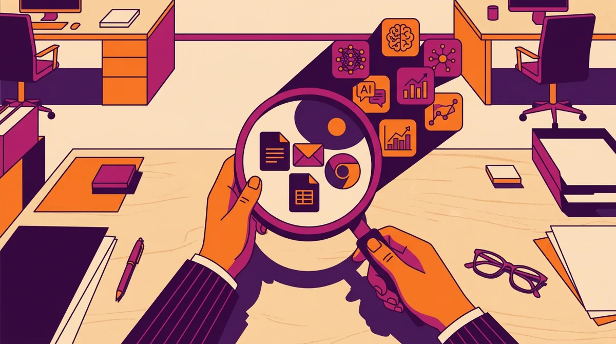 Flat-vector illustration of a person using a magnifying glass to uncover hidden AI app icons in an office, in brand colours
