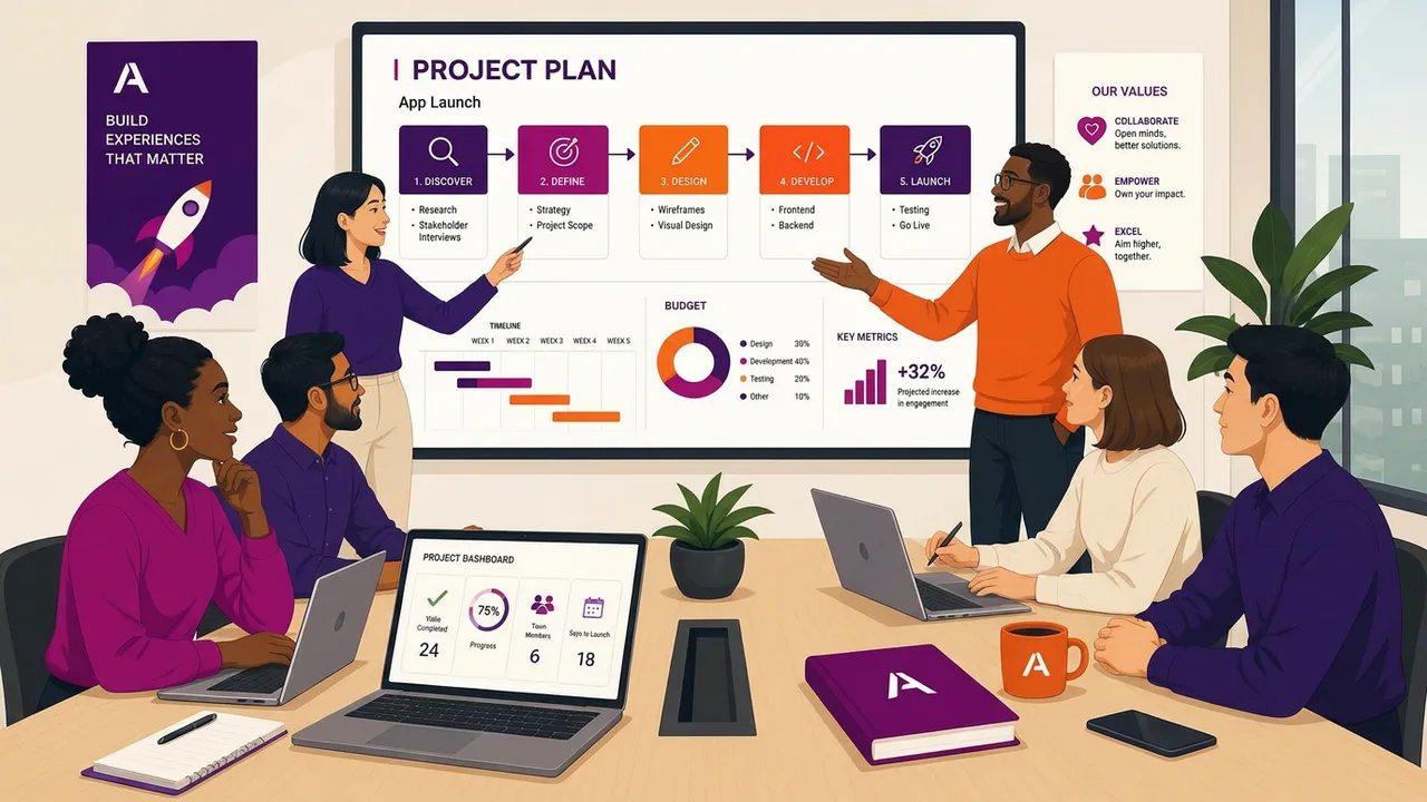 Flat-vector illustration of a diverse team in a meeting room reviewing an App Launch project plan on a large screen, representing deciding whether to build or buy software