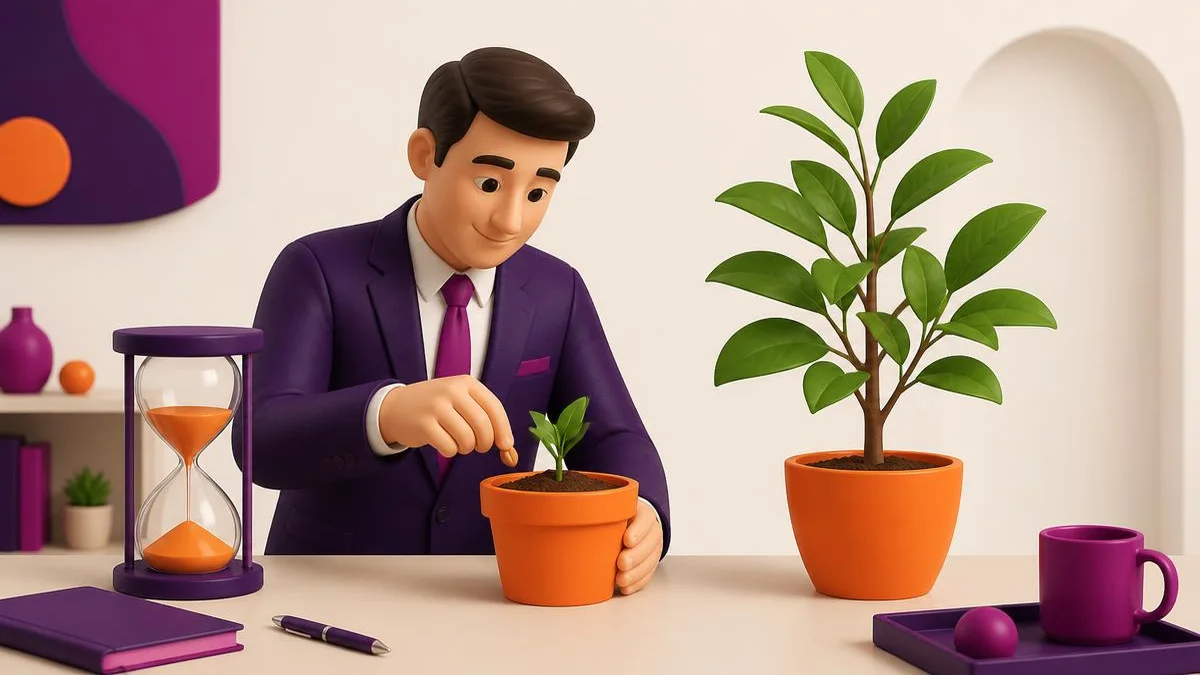 Business owner planting a seedling beside an hourglass and a mature plant