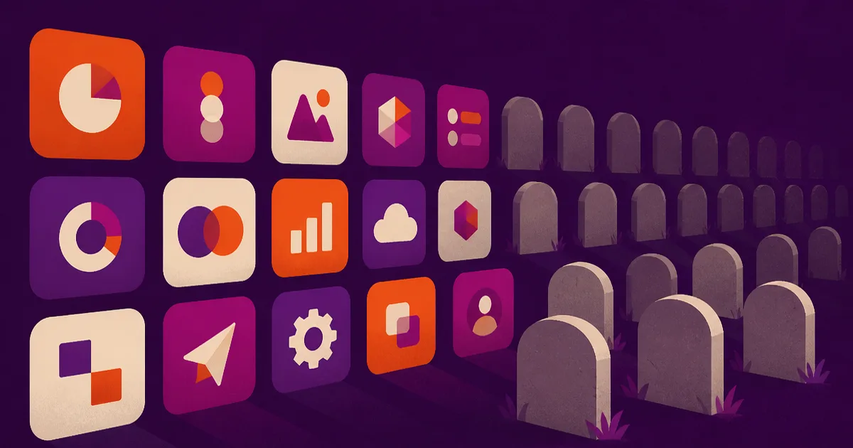 Abstract illustration of app icons fading into headstones, in Smart AI Studio brand colours