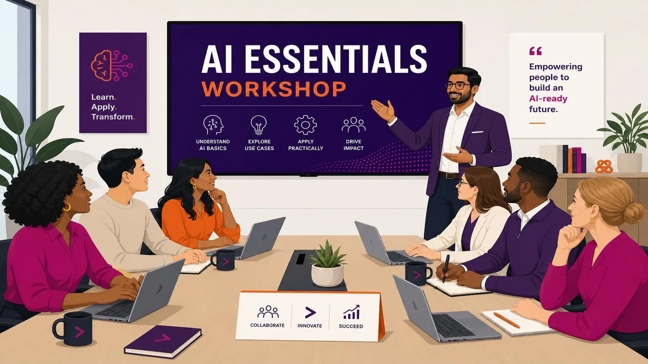 Flat-vector illustration of a consultant leading a boardroom AI Essentials Workshop for diverse professionals on laptops, representing upskilling a team to adopt AI