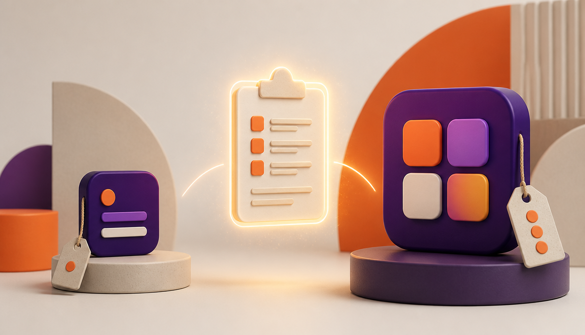 3D render illustration of two app icons with price tags separated by a glowing project brief document, in Smart AI Studio brand colours, illustrating why the brief matters more than the AI tool in vibe coding for small business