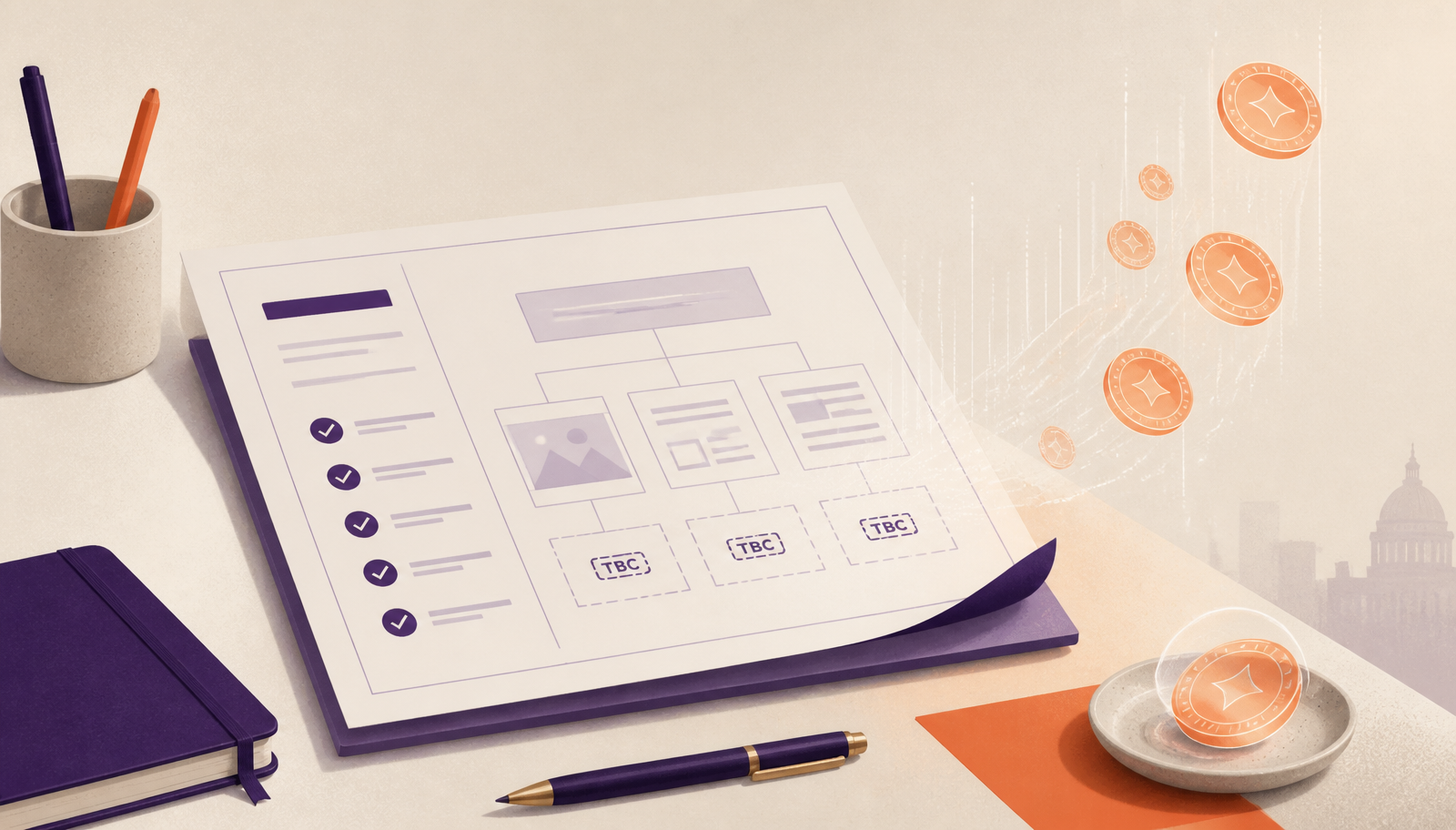 Editorial illustration of a product requirements document on a desk with AI tokens drifting away, symbolising the cost of unclear specifications when building with AI.